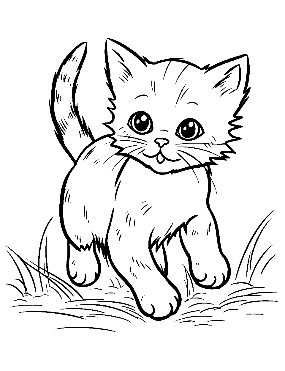 Baby Kitten's Adventure Kitten Coloring Page - A baby kitten is having fun in an open field.