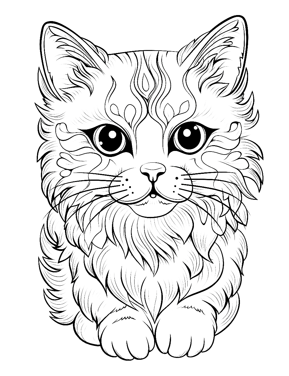 Detailed Kitten Portrait Coloring Page - A close-up portrait of a kitten with intricate fur patterns to color.