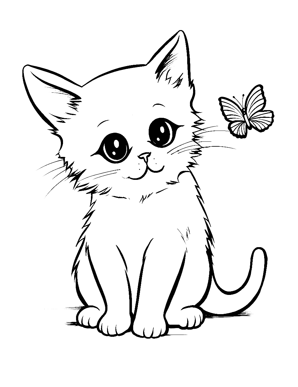 Baby Cat and Butterfly Kitten Coloring Page - A baby cat is sitting and looking at a nearby butterfly.