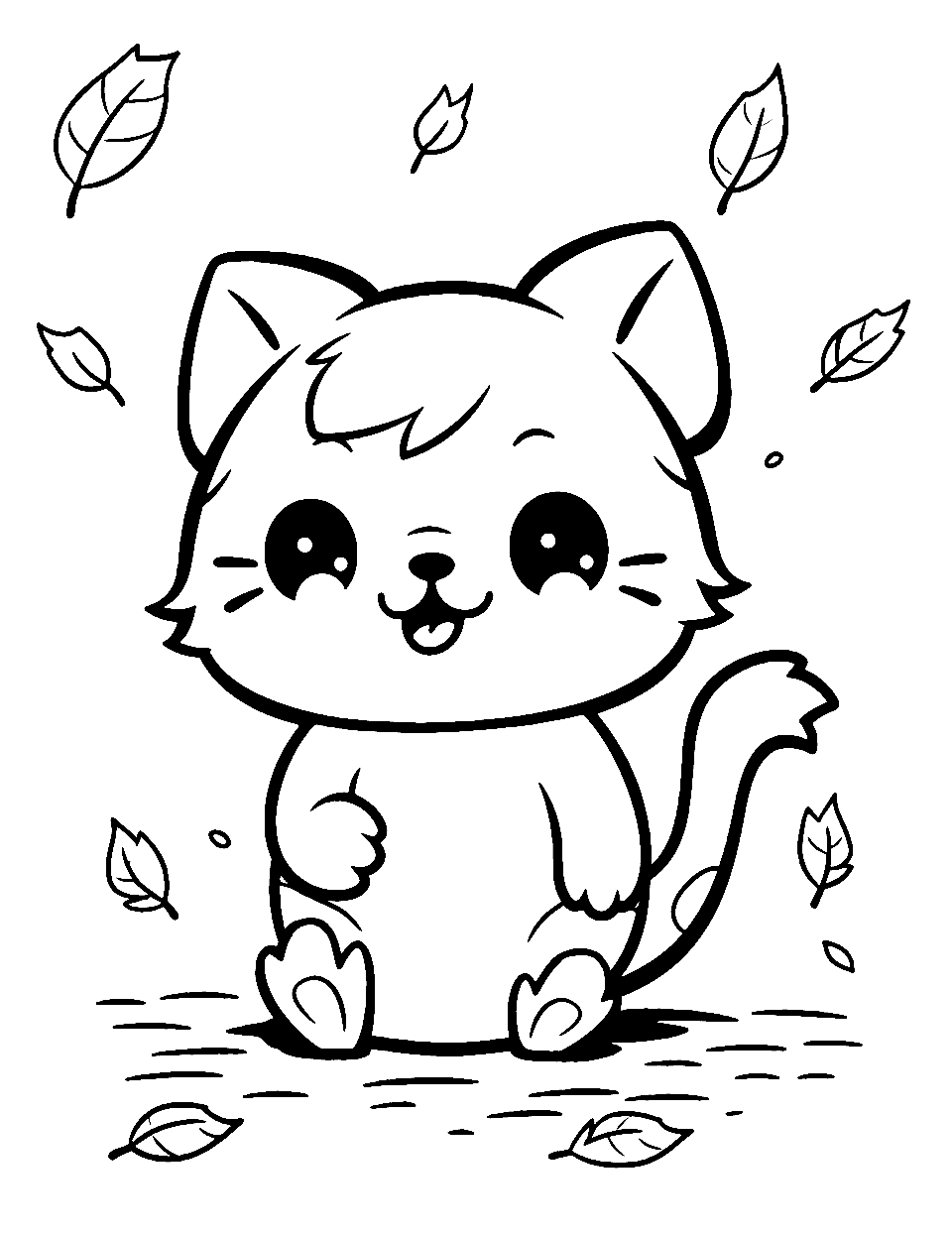 Chibi Kitty Fun Coloring Page - A chibi-style kitten, joyfully batting at falling leaves.