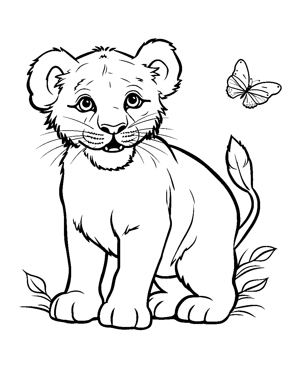 Playful Lion Cub Coloring Page - A young cub playing with a butterfly.