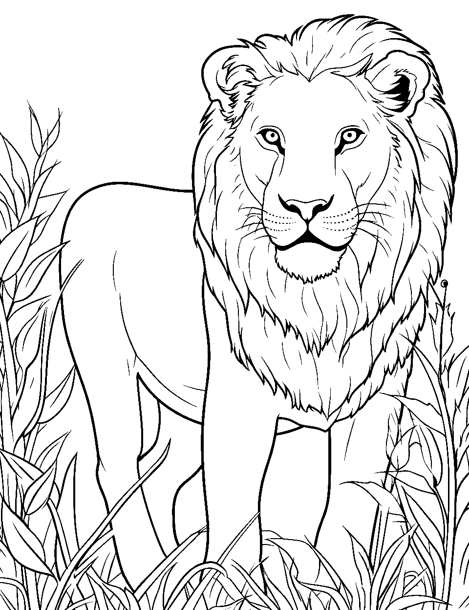 Lion Drawing in Nature Coloring Page - A lion amidst the grass.
