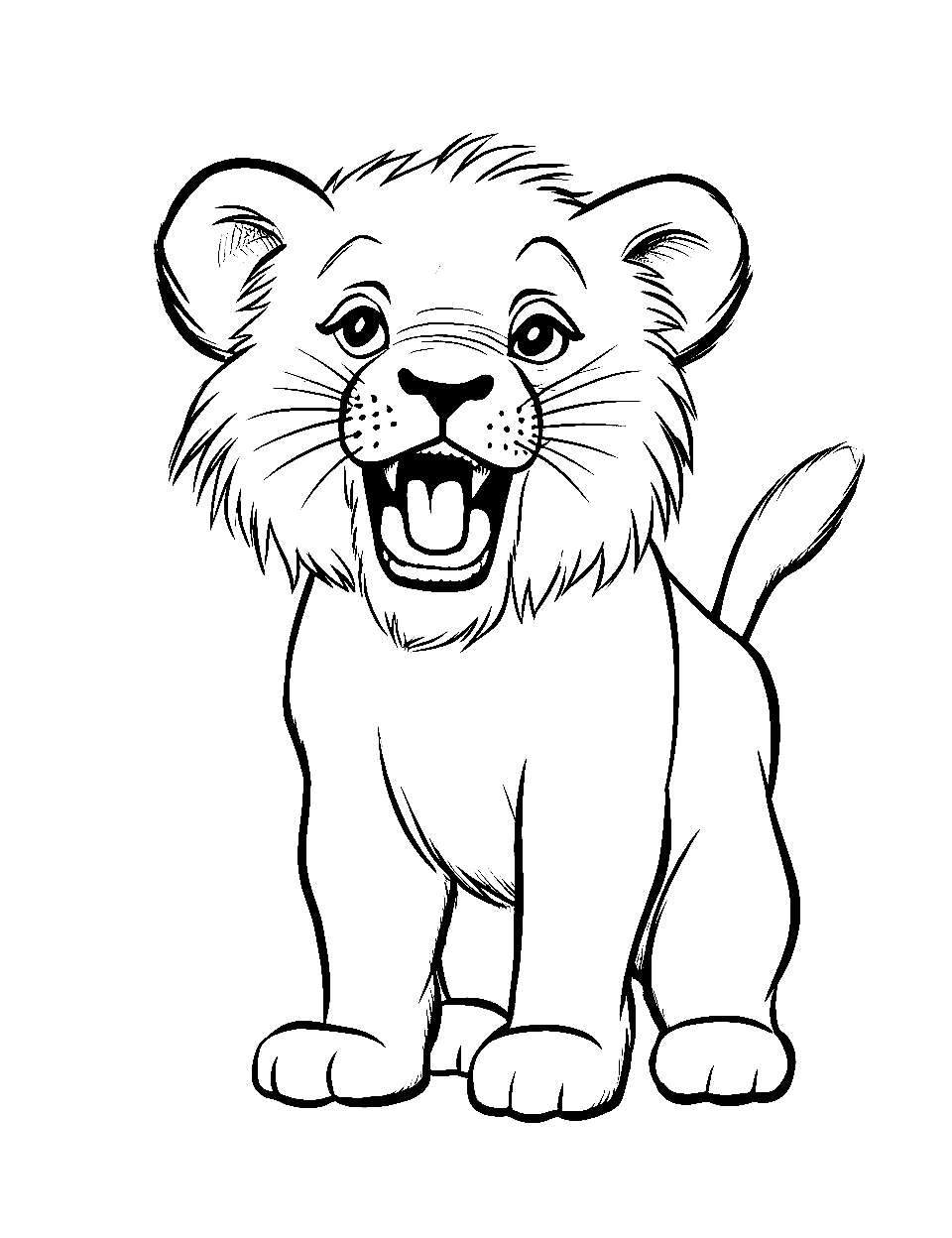 Baby Lion's First Roar Lion Coloring Page - A baby lion trying to roar but sounding more like a meow.