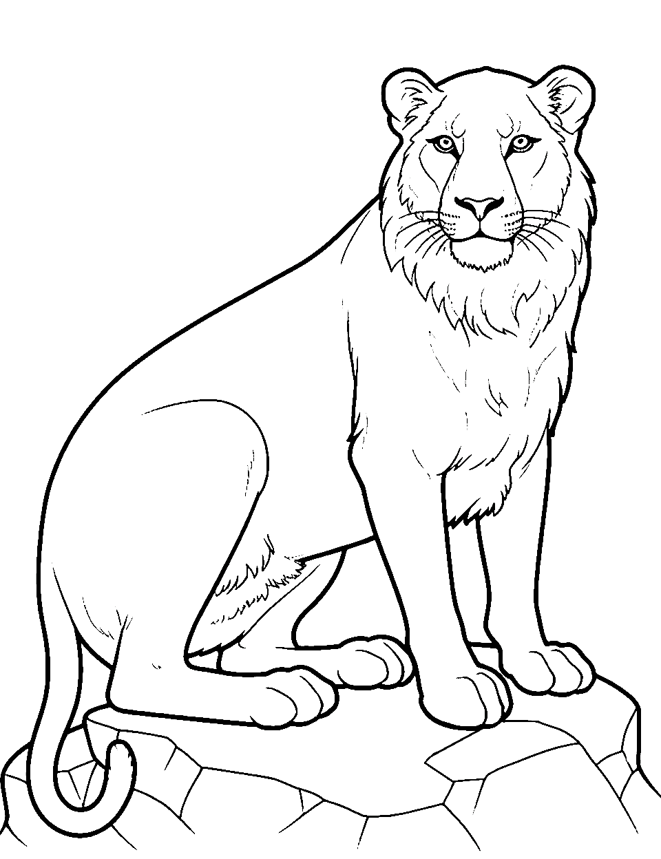 Mountain Lion's Perch Coloring Page - A mountain lion resting atop a rocky cliff.