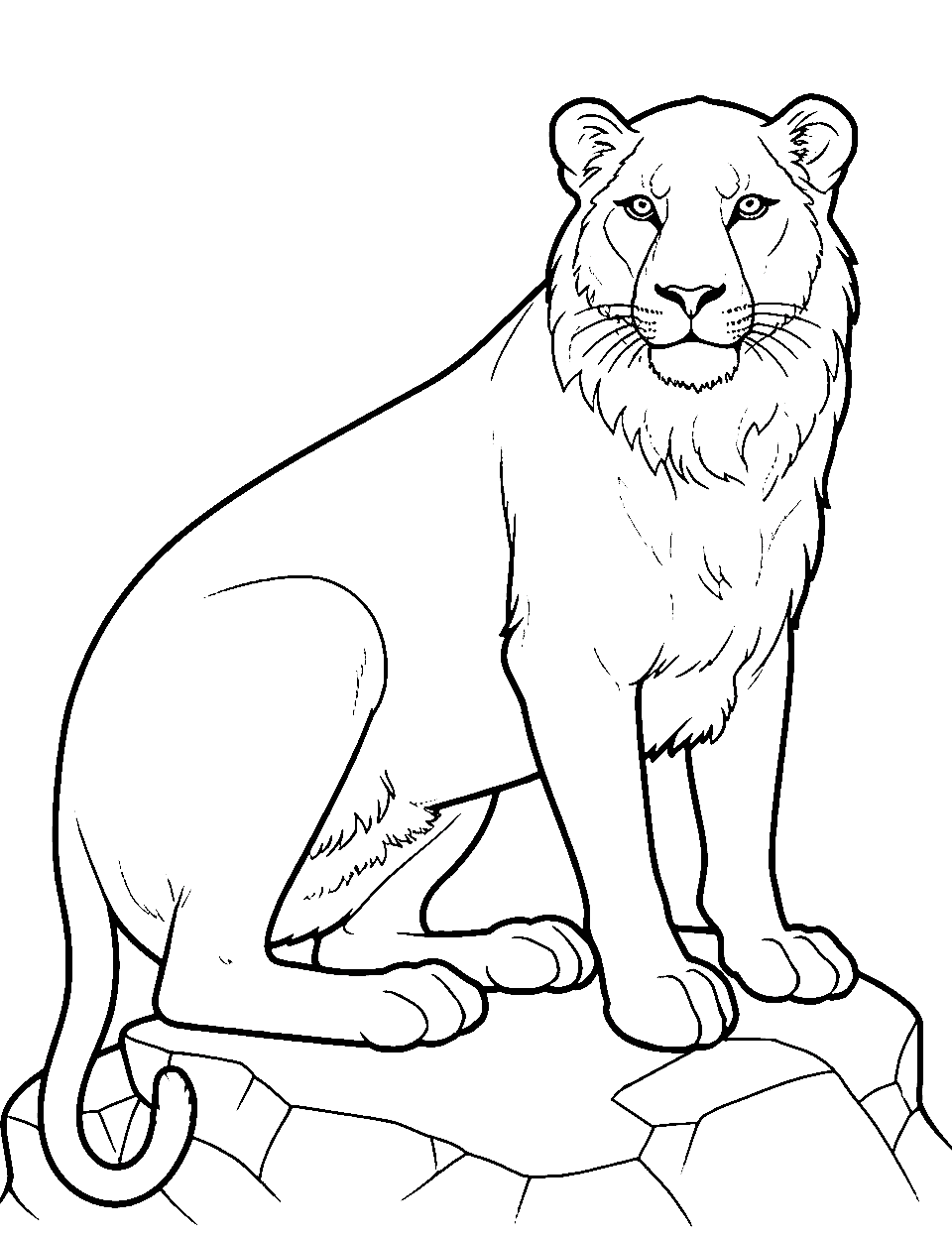 Mountain Lion's Perch Lion Coloring Page - A mountain lion resting atop a rocky cliff.