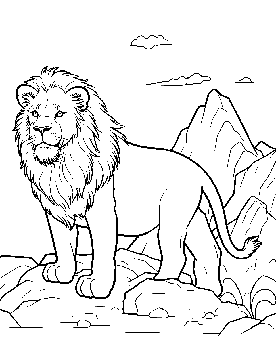 Difficult Lion Scene Coloring Page - A detailed scene with a lion navigating rocky terrain.