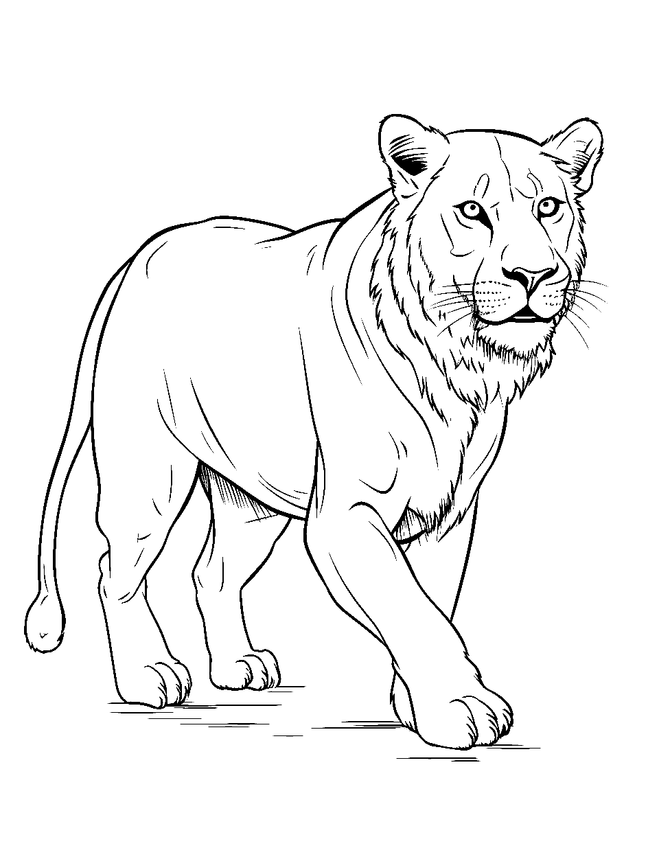 Female Lion Hunt Coloring Page - A lioness stealthily approaching her prey.