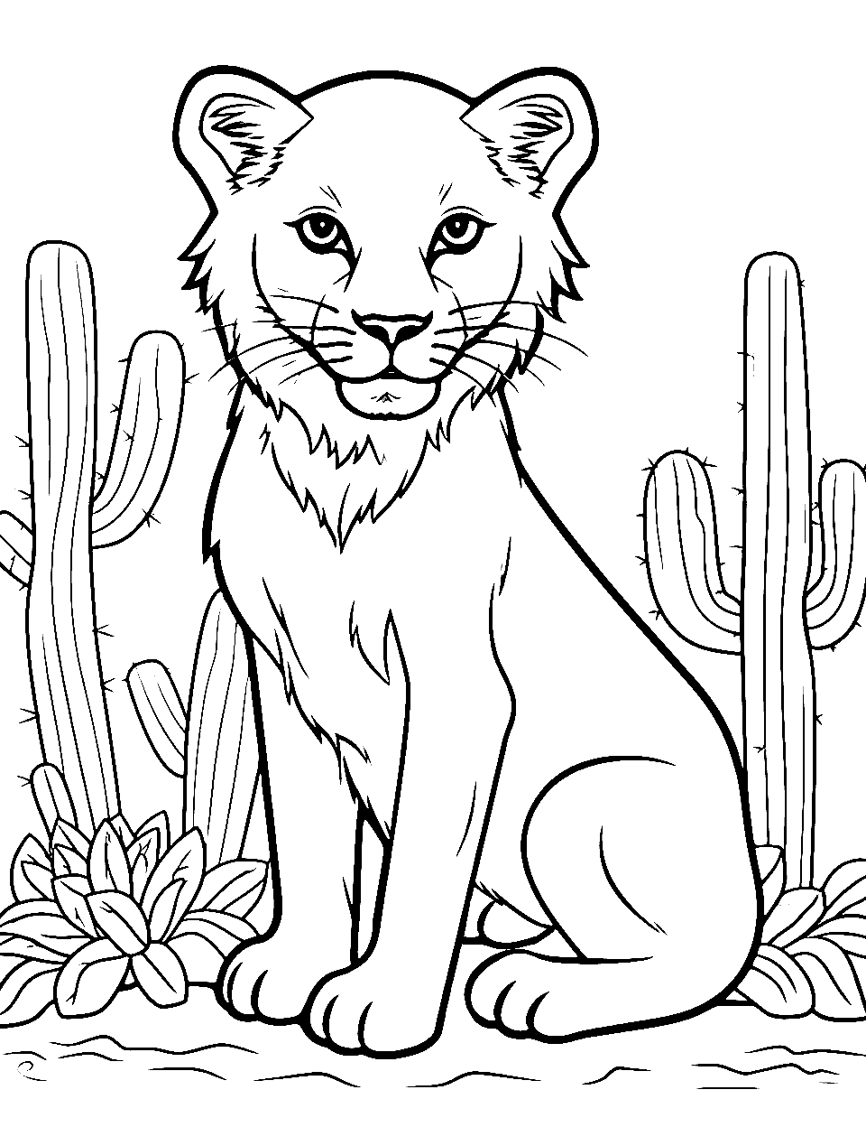 Desert Lion Coloring Page - A lion with desert cactus in a sandy environment.