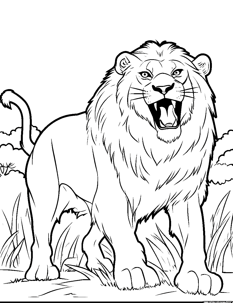 Wild Lion Roar Coloring Page - A lion roaring mightily amidst the African savannah.