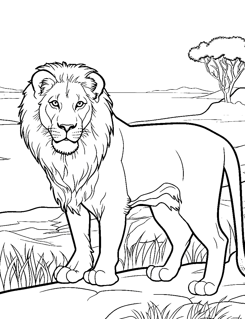 Savannah King Coloring Page - A lion in the vast savannah.