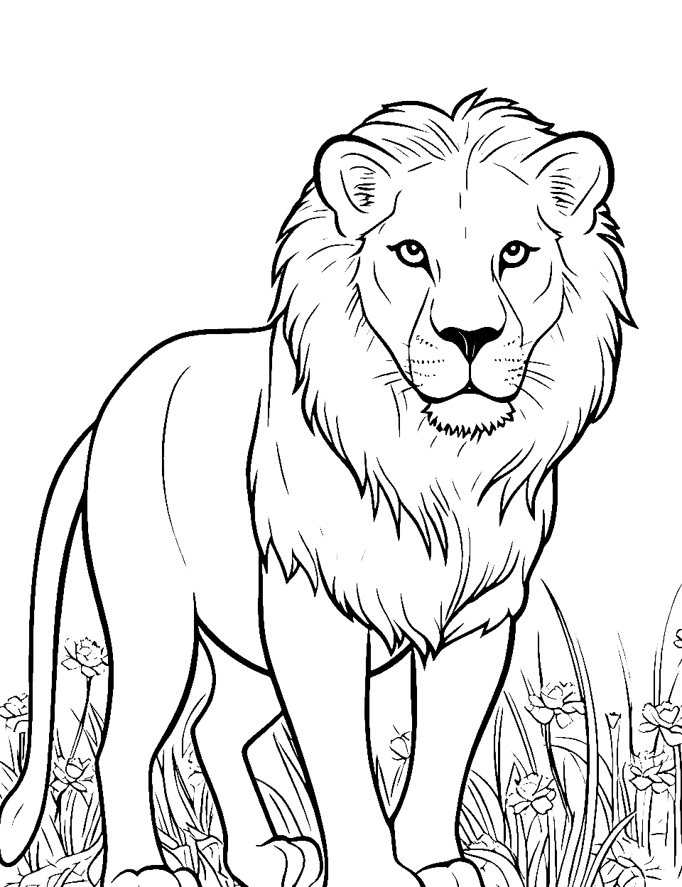 Lion's Majesty Coloring Page - The lion’s regal posture amidst the African grasslands.