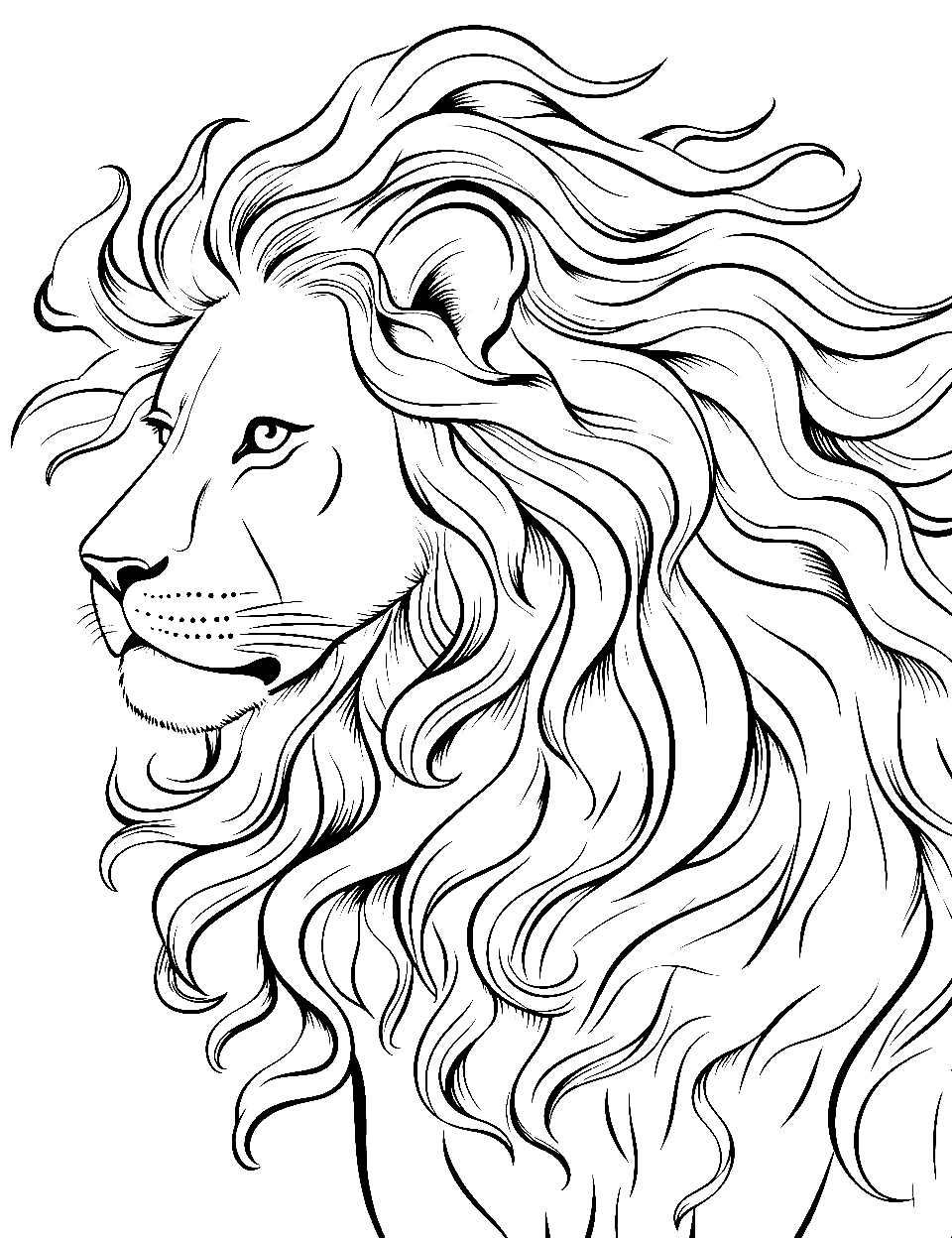 Mane in the Wind Lion Coloring Page - A lion’s mane flowing in the strong wind.