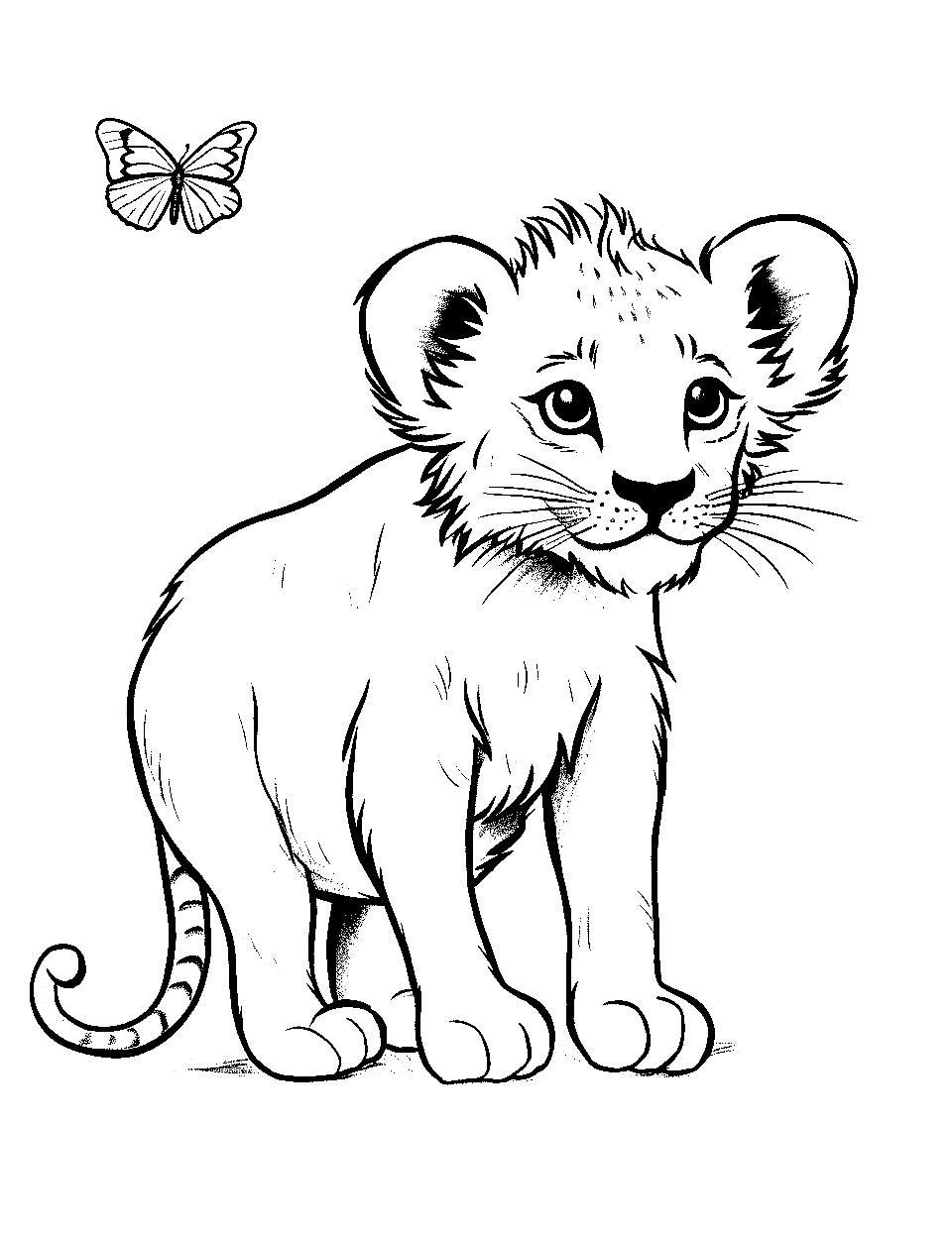 Cub's Friend Lion Coloring Page - A lion cub and its friend the fluttering butterfly.