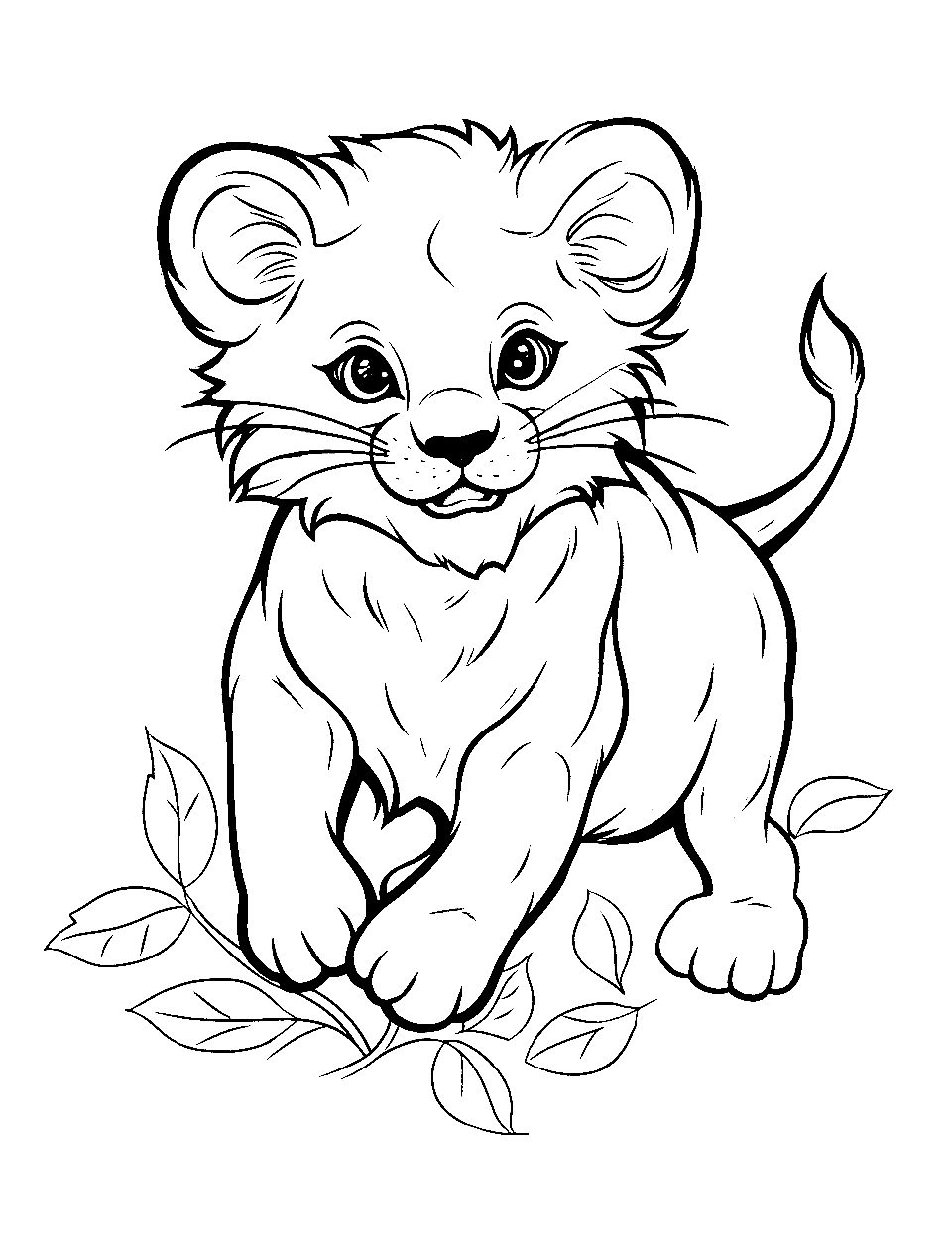 Playful Pounce Coloring Page - A lion cub mid-air, trying to pounce on a leaf.