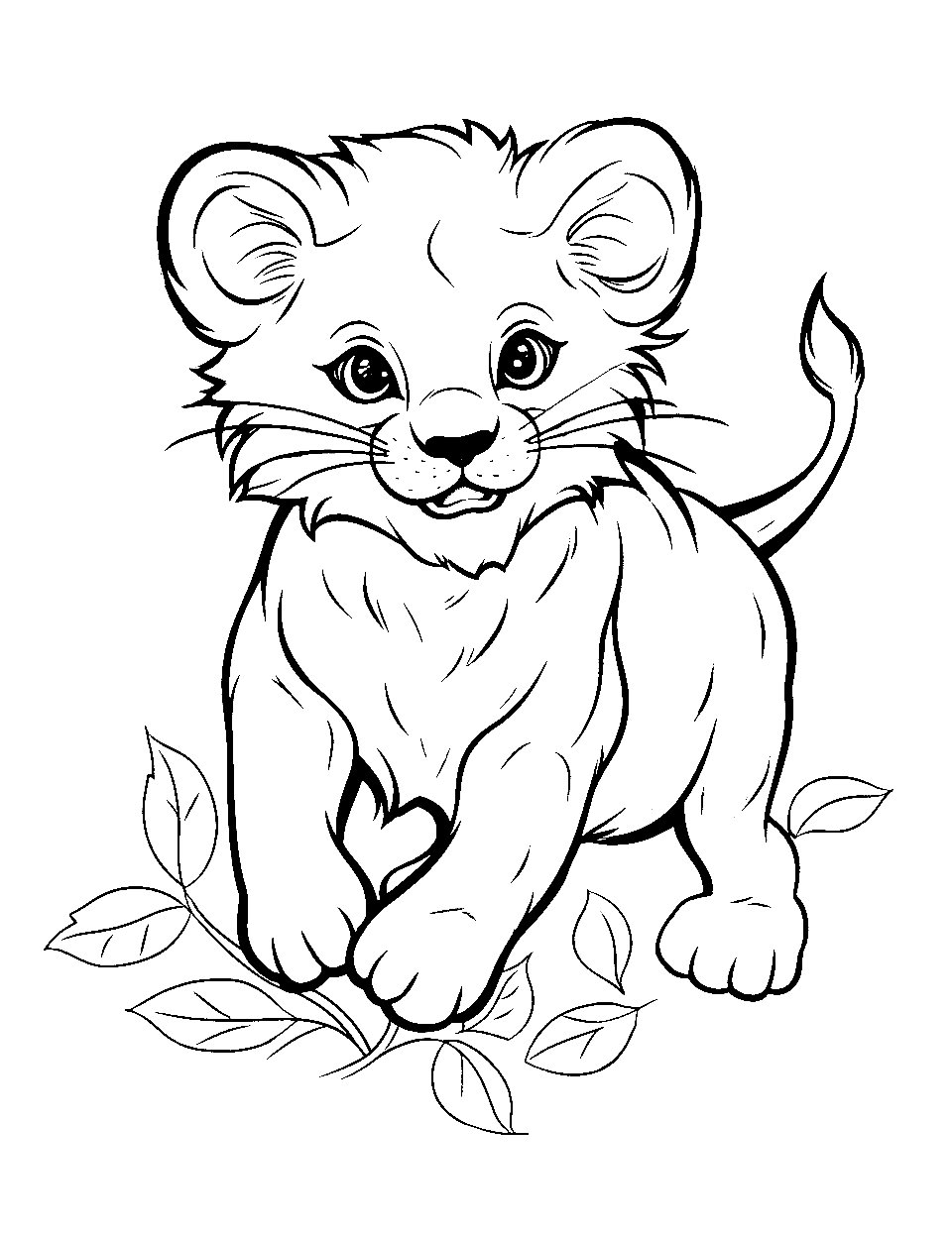 Playful Pounce Lion Coloring Page - A lion cub mid-air, trying to pounce on a leaf.