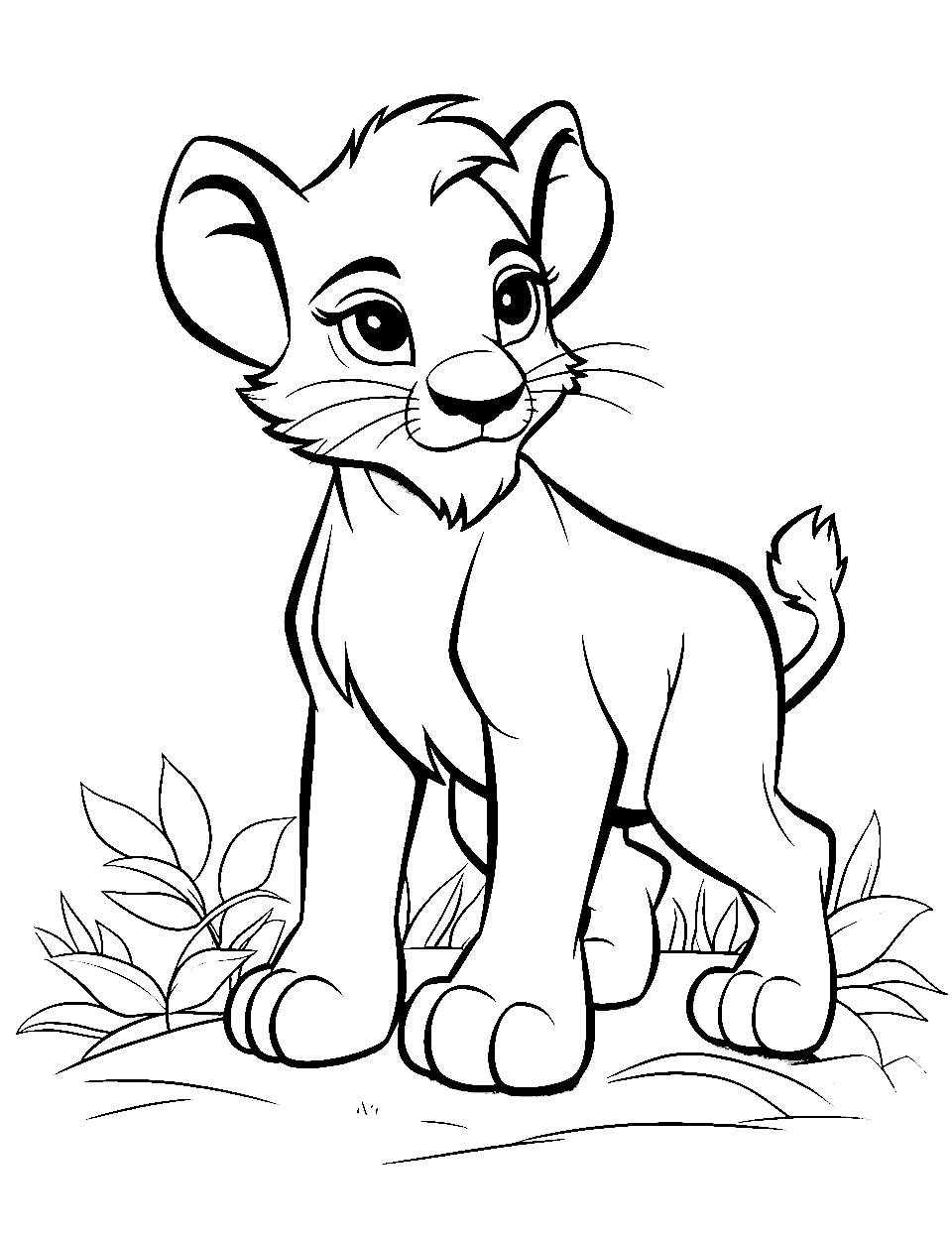 Simba's Adventure Lion Coloring Page - Young Simba exploring the Pride Lands with curiosity.