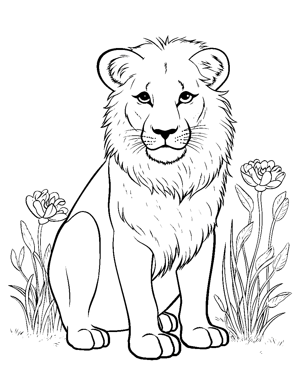 Animal Kingdom Coloring Page - A lion sitting dominantly amidst the grasslands.