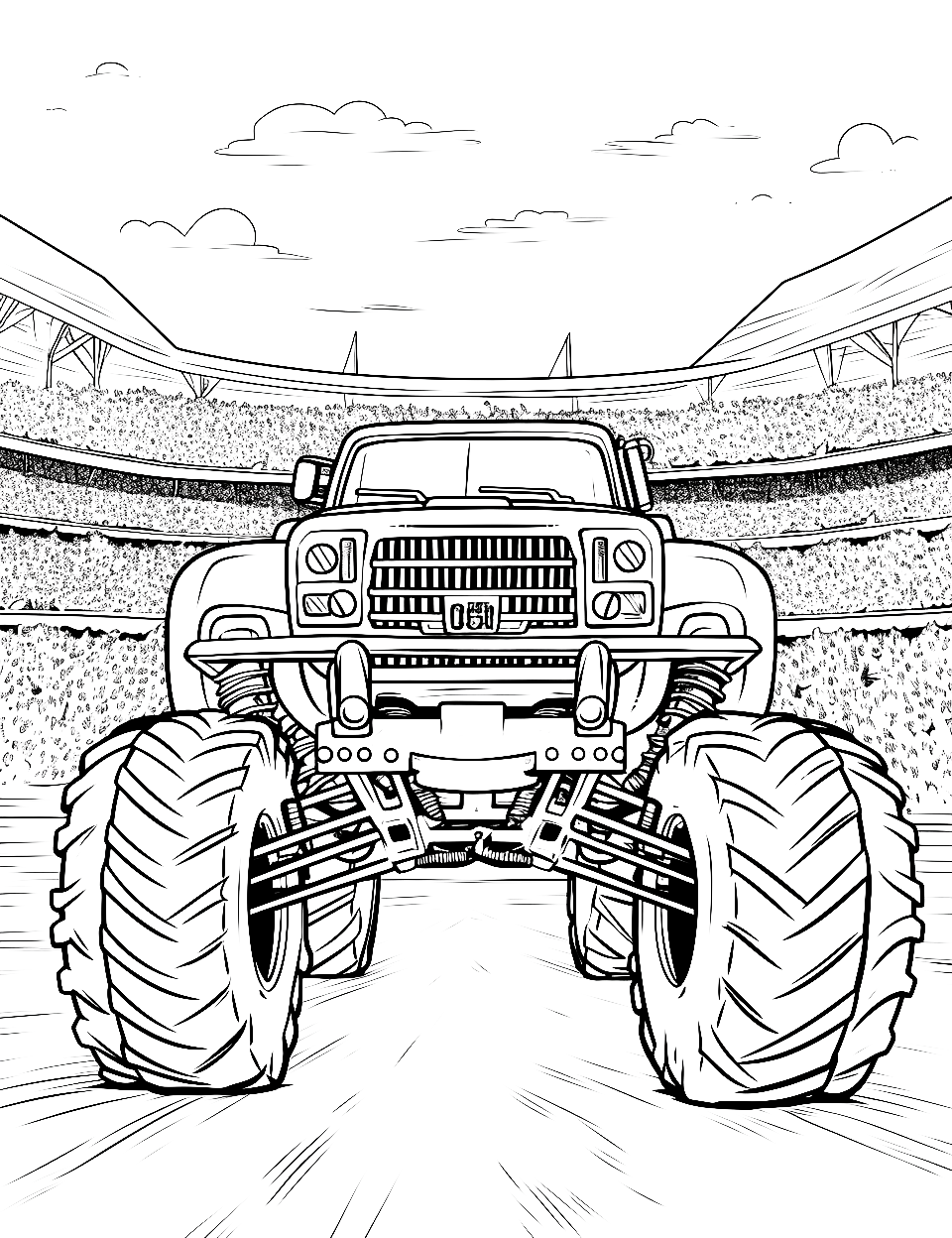 Monster Jam Madness Truck Coloring Page - A large arena with a roaring monster truck.