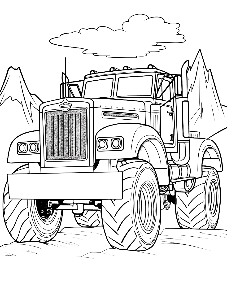 Realistic Big Rigs Monster Truck Coloring Page - A realistic monster truck design with intricate details for advanced coloring.