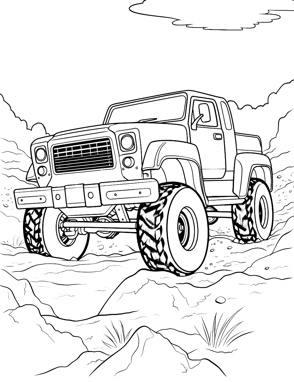 Off-Road Adventure Monster Truck Coloring Page - A rugged off-road monster truck trekking through muddy terrain.