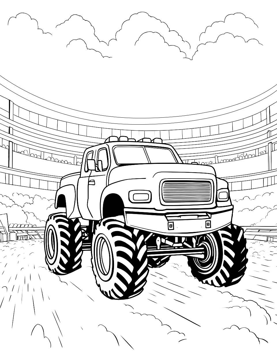 Monster Truck Arena Coloring Page - A monster truck in an arena, taking center stage.