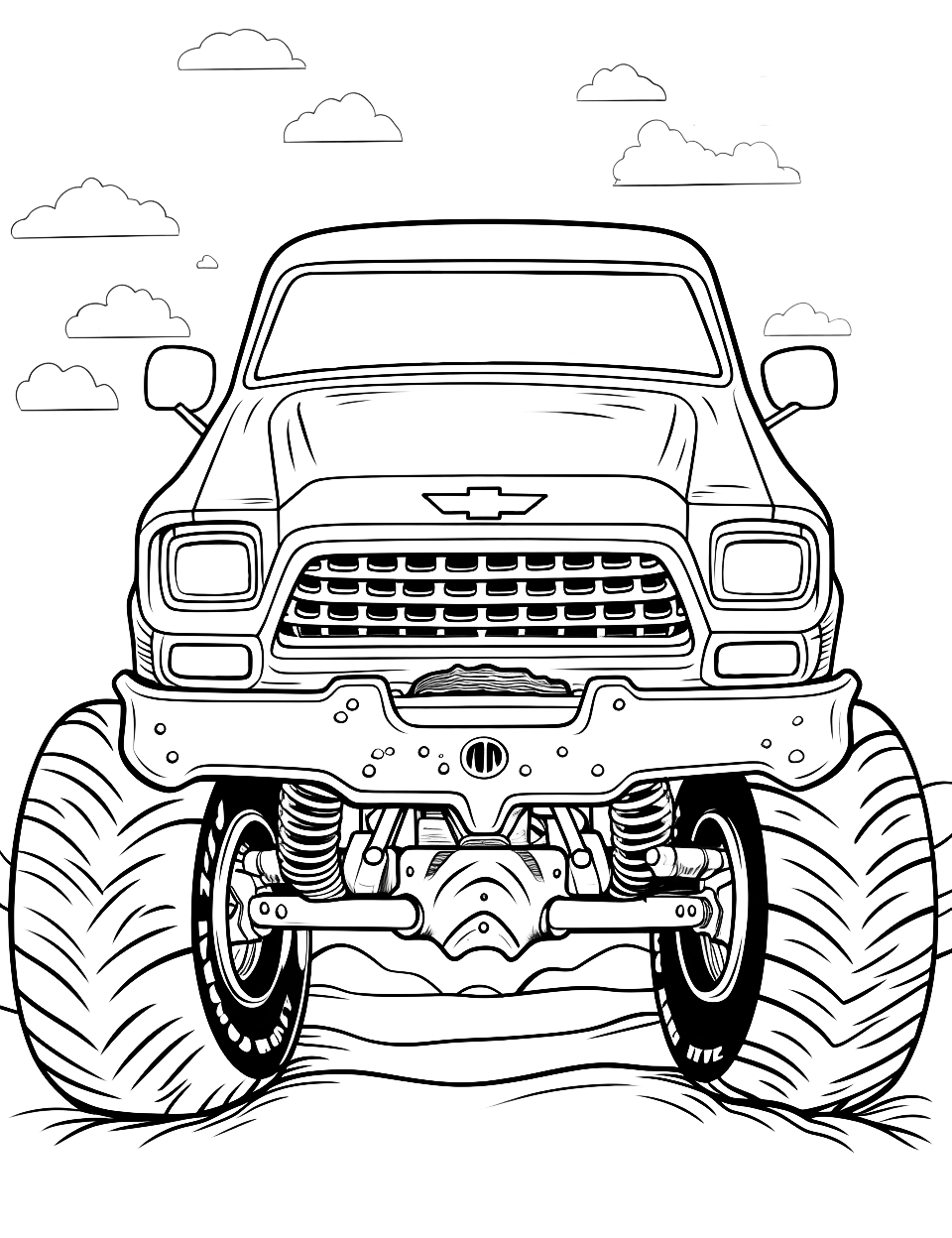 Chevy's Monster Makeover Truck Coloring Page - A classic Chevy turned into a high-rising monster truck.