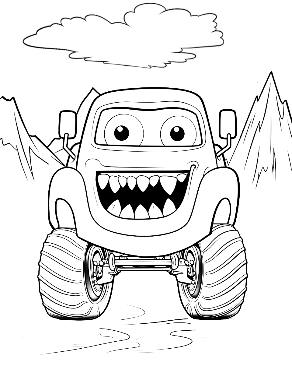 Cute Monster Truck Coloring Page - A cute-looking monster truck with big eyes and a big smile with teeth.