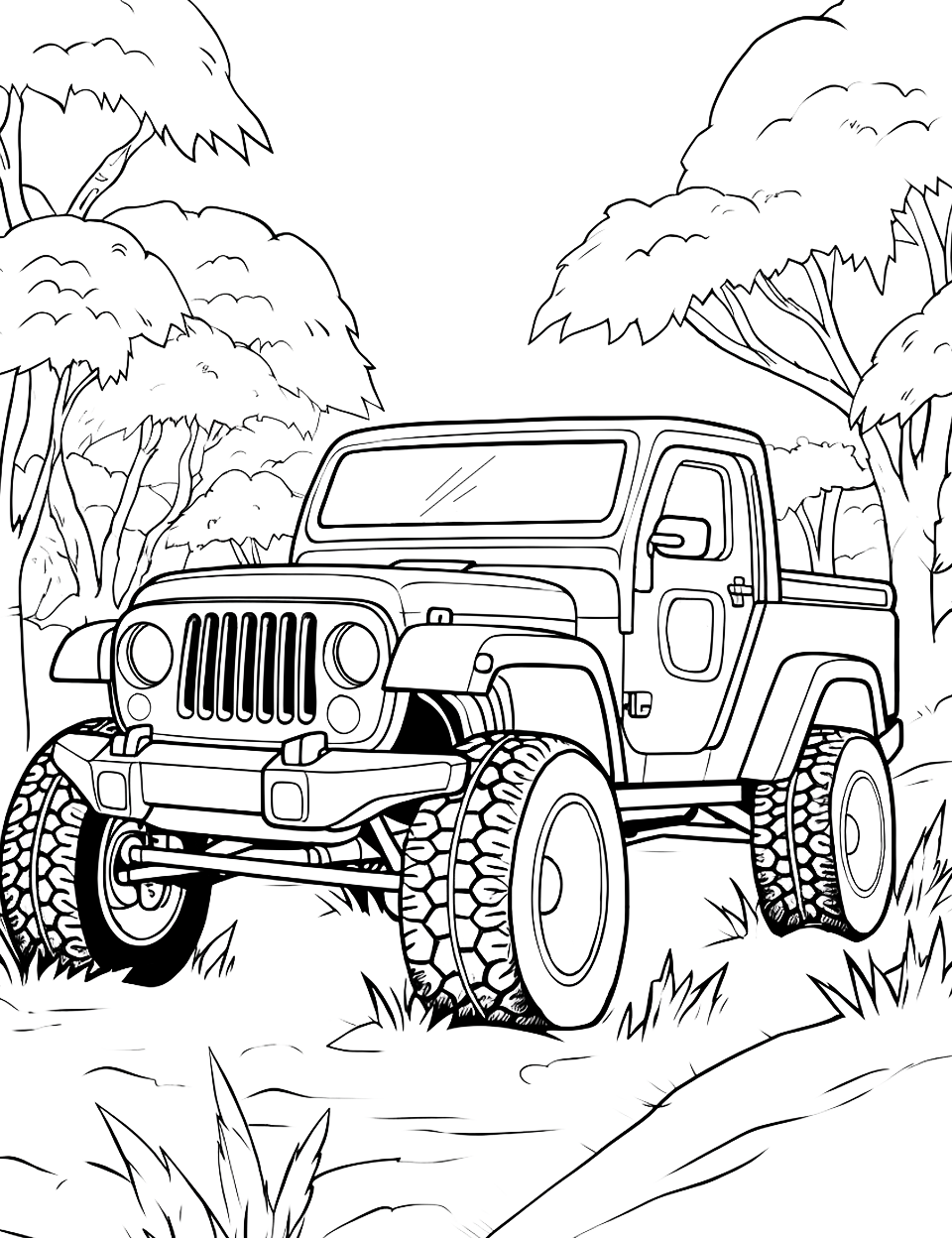 Jeep's Jungle Jam Monster Truck Coloring Page - A Jeep-themed monster truck racing through a dense jungle.