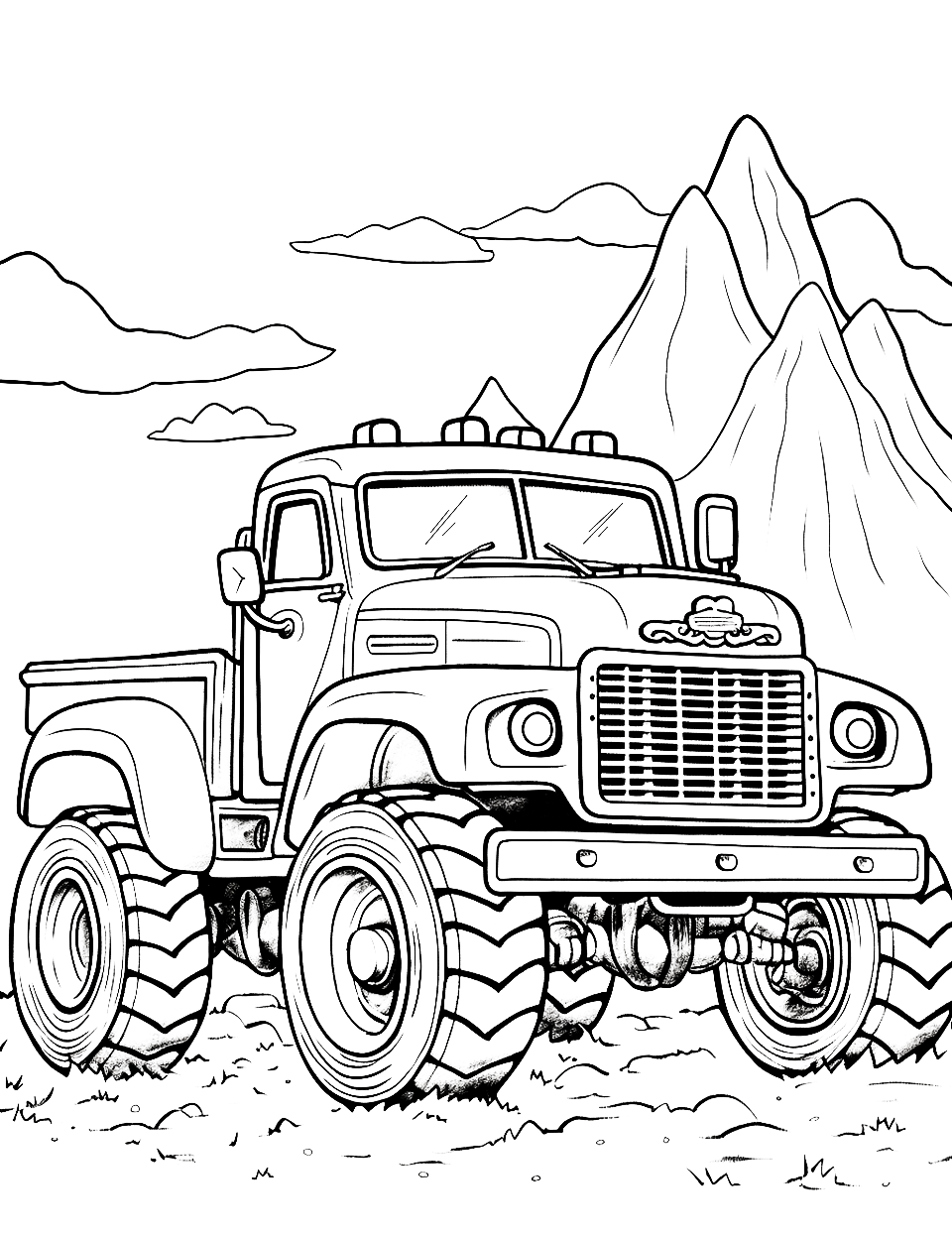 Truck's Treasure Hunt Monster Truck Coloring Page - A monster truck sitting on an island in search of buried treasure.