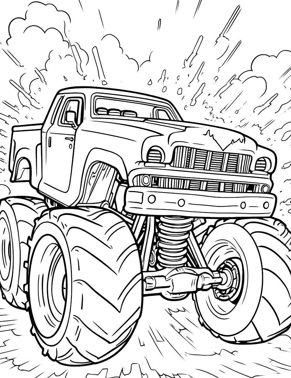 Hot Wheels Monster Truck Coloring Page - A detailed monster truck zooming through a field.