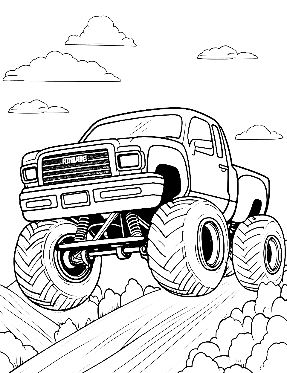 Flying Finish Coloring Page - A monster truck soaring towards the finish line.