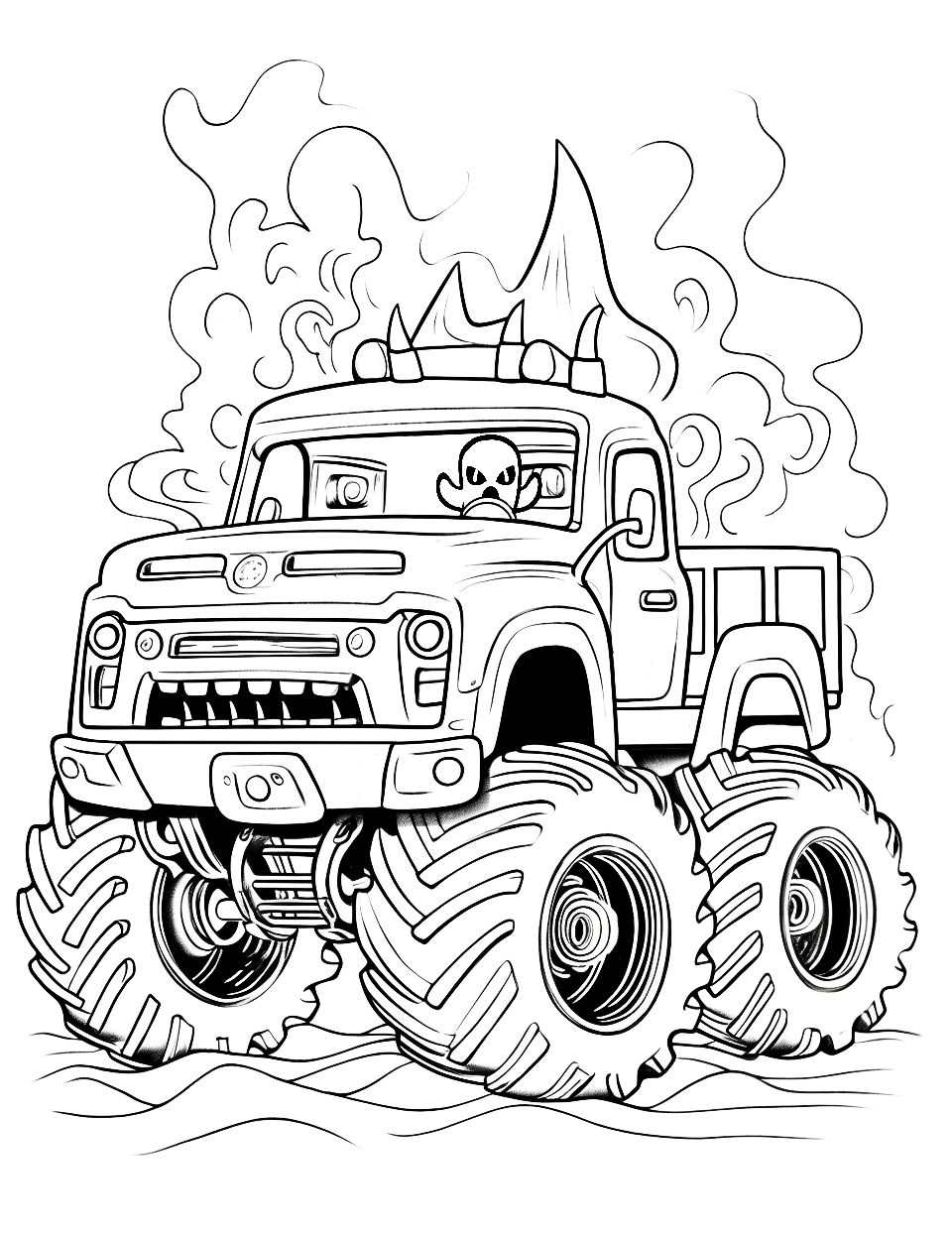 Ghost's Monster Truck Coloring Page - A monster truck with the ghost driver sitting in the driver’s seat.