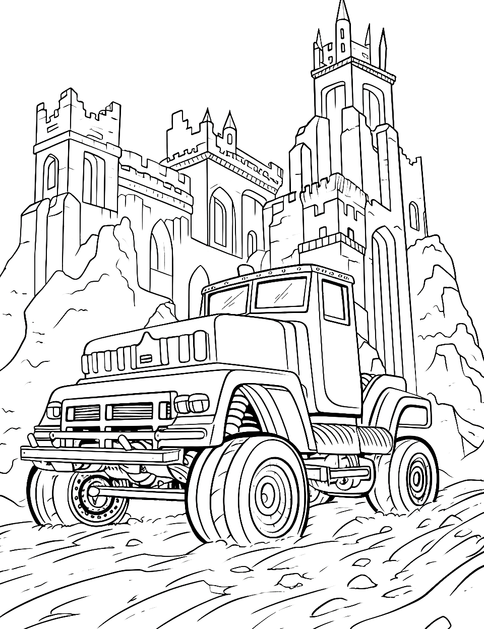 Knight's Castle  Monster Truck Coloring Page - A medieval-themed monster truck in front of a castle.
