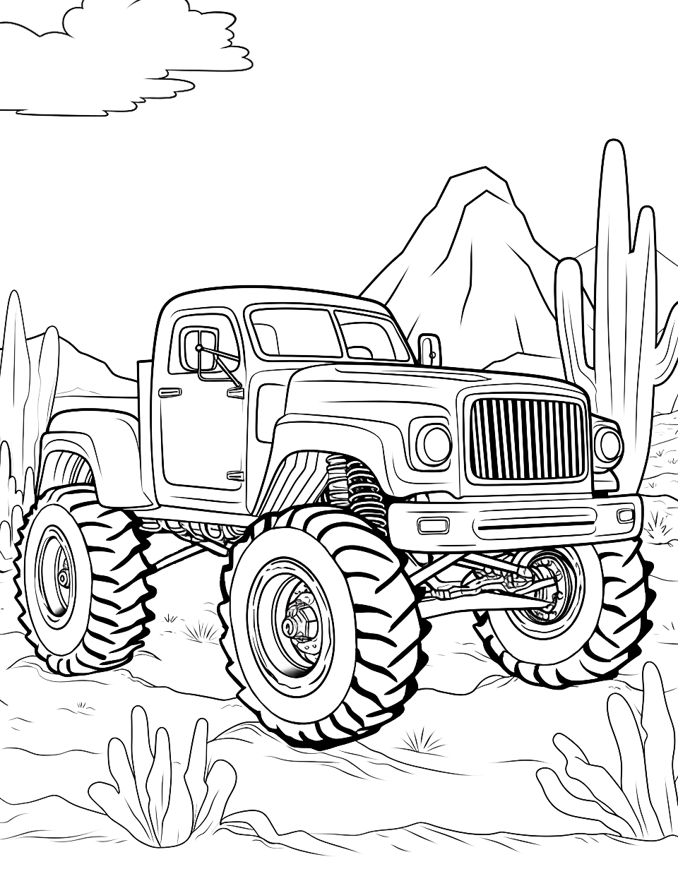 Desert Dash Coloring Page - A monster truck racing through a desert with cacti and sand dunes.