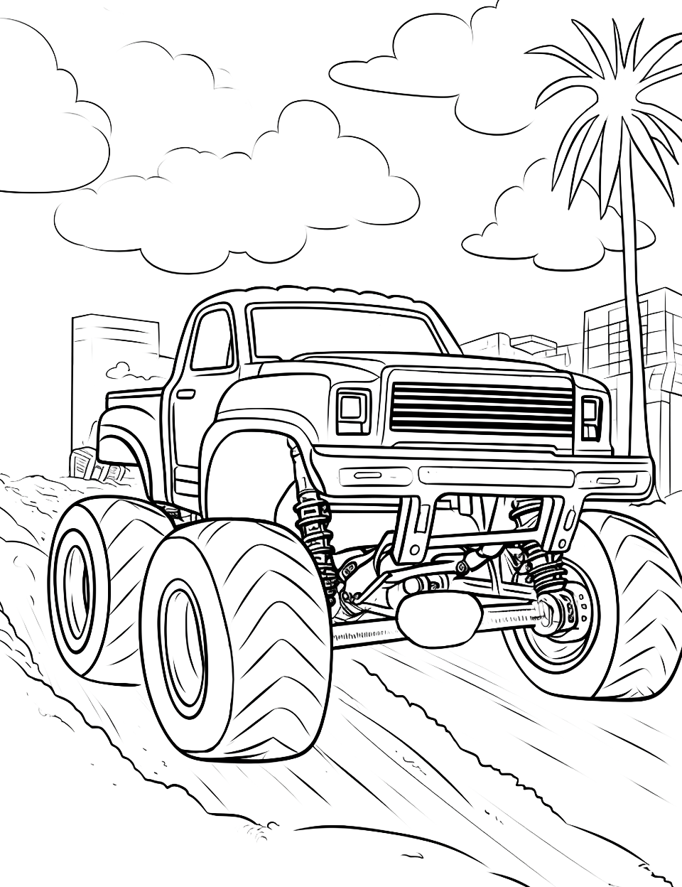 Beach Party Race Monster Truck Coloring Page - A monster truck racing on a sunny beach with palm trees.