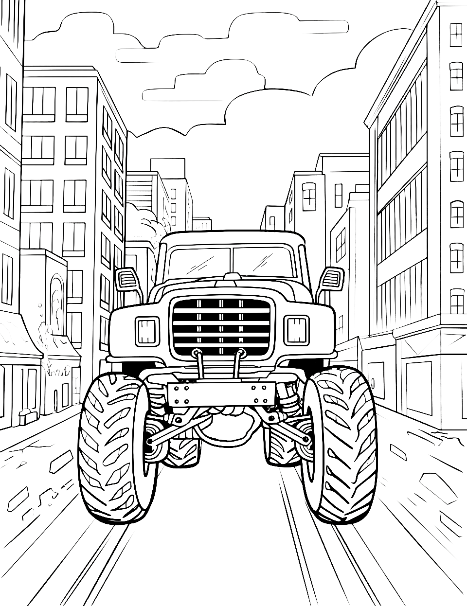 City Street Showdown Monster Truck Coloring Page - Monster truck navigating through a city’s narrow streets.