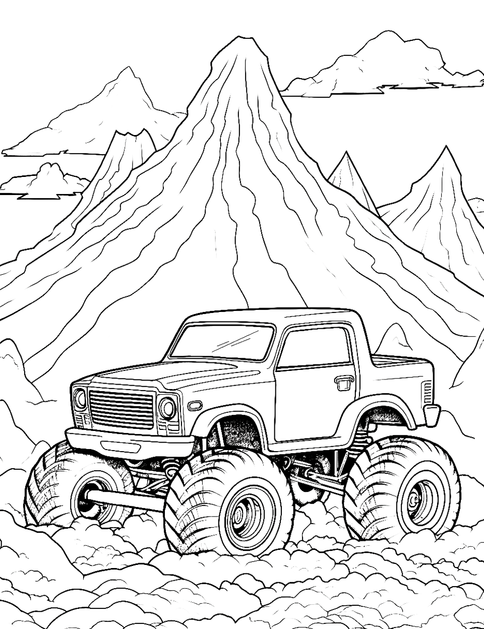 Volcano Venture Monster Truck Coloring Page - Monster truck in front of a sleeping volcano.