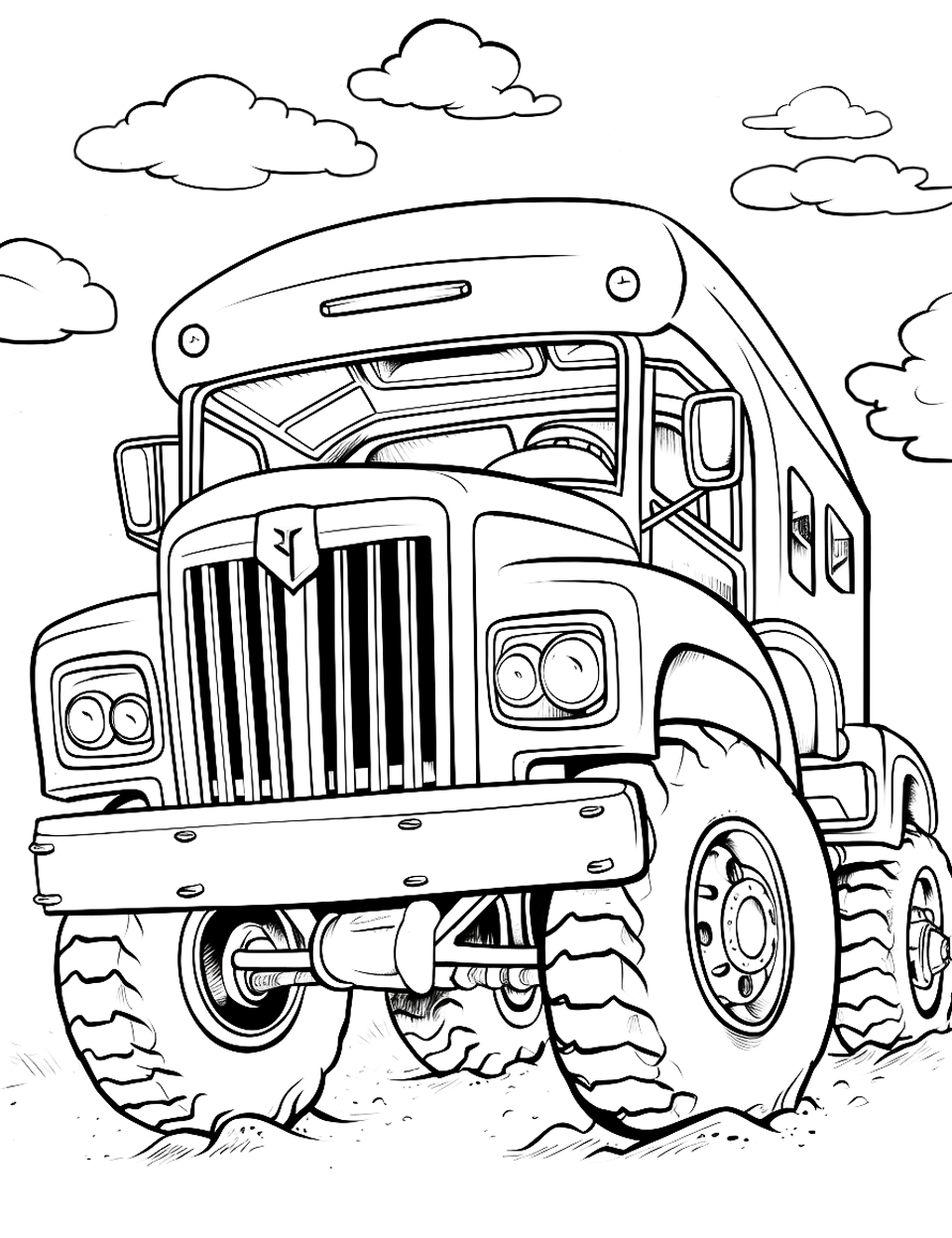 School Bus Scramble Monster Truck Coloring Page - A school bus converted into a monster truck.