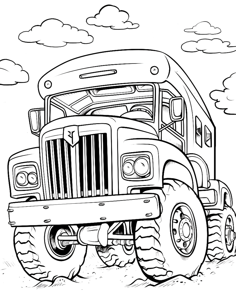 School Bus Scramble Coloring Page - A school bus converted into a monster truck.