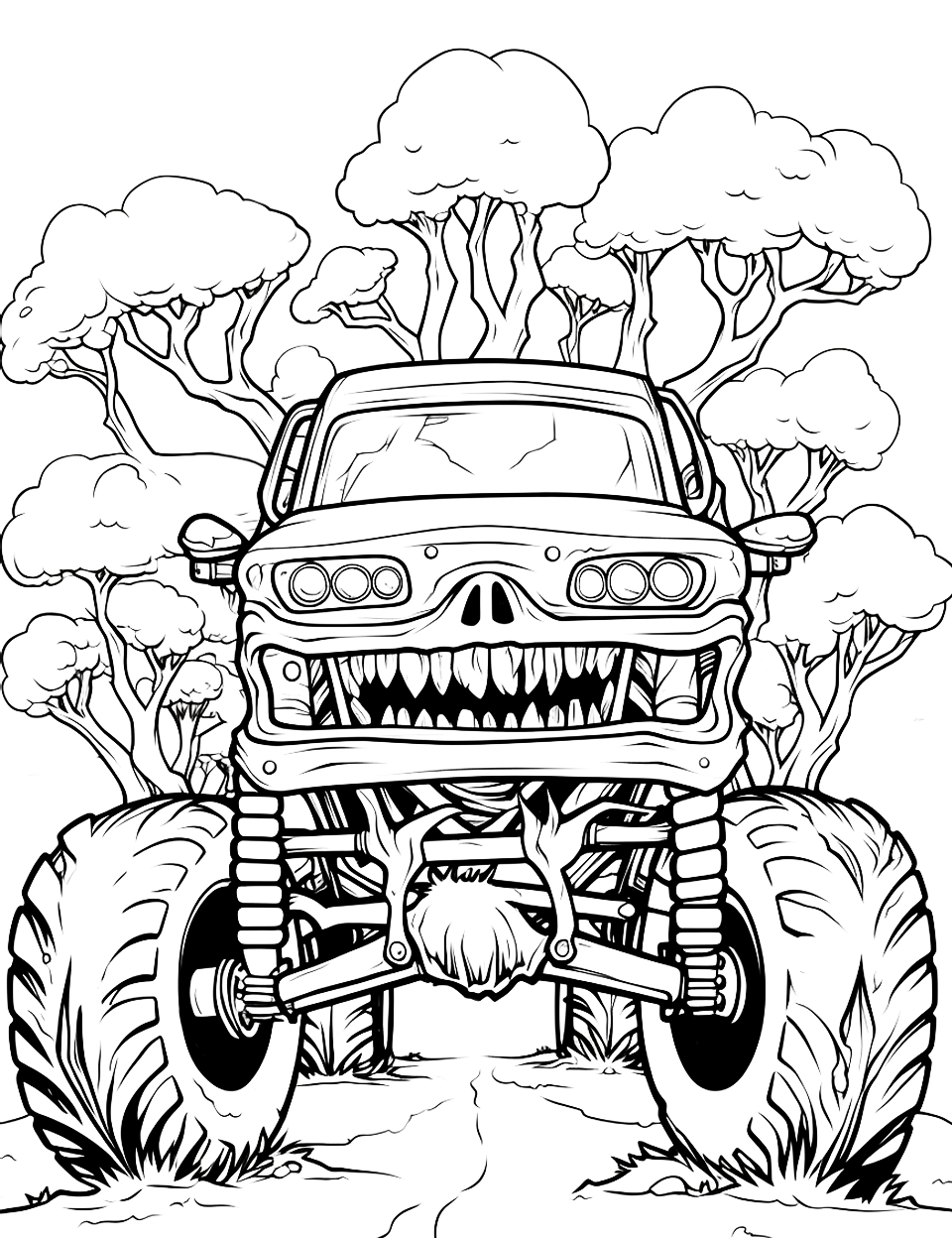 Zombie Style Monster Truck Coloring Page - A monster truck designed like a zombie.
