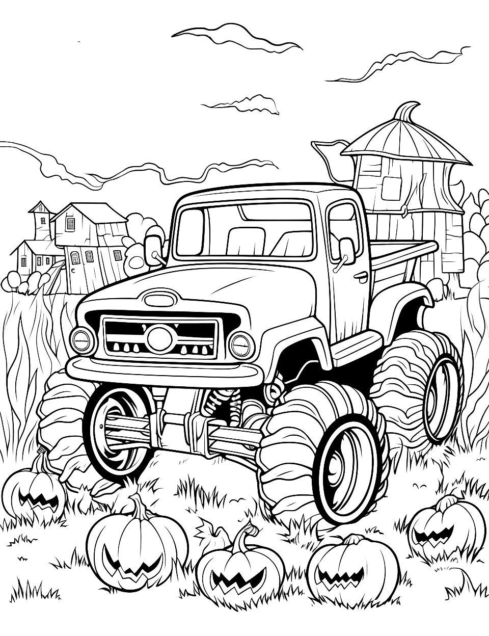Halloween Haunt Monster Truck Coloring Page - A monster truck parked by a pumpkin patch with a haunted house backdrop.
