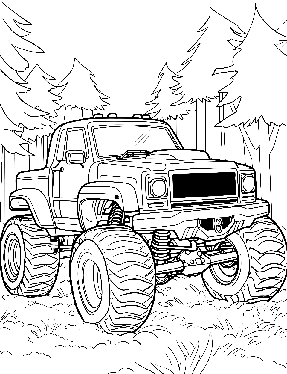 Rainforest Rumble Coloring Page - Monster trucks navigating through a dense tropical rainforest.