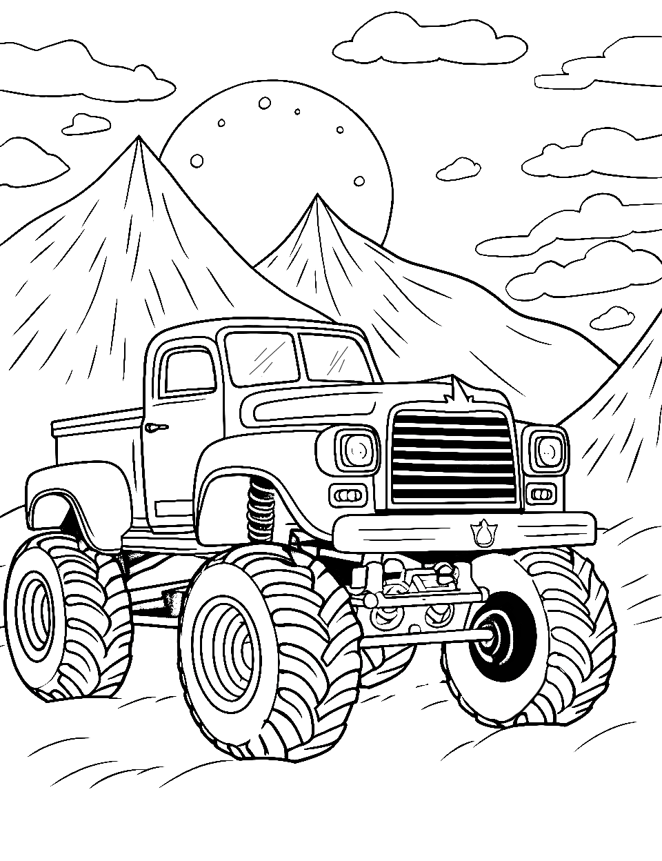 Moonlight Monster Truck Coloring Page - A monster truck under a glowing moon.