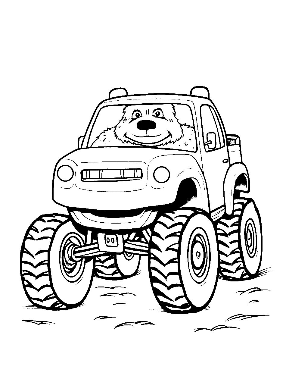 Teddy Bear's Truck Coloring Page - A fluffy teddy bear driving a monster truck.