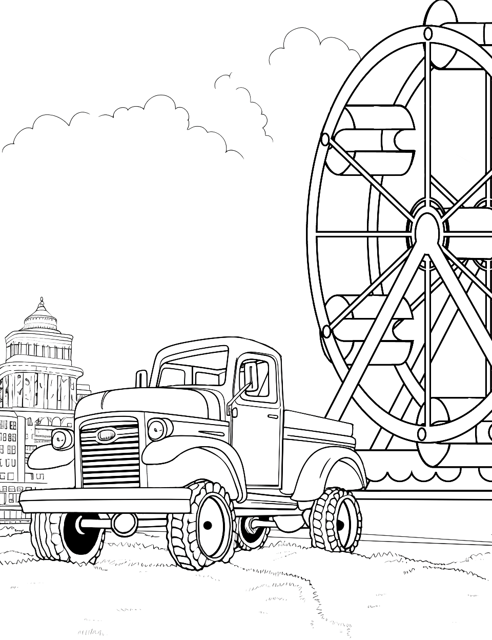 Carnival Cruise Monster Truck Coloring Page - An old-school Monster truck in front of a Ferris wheel.