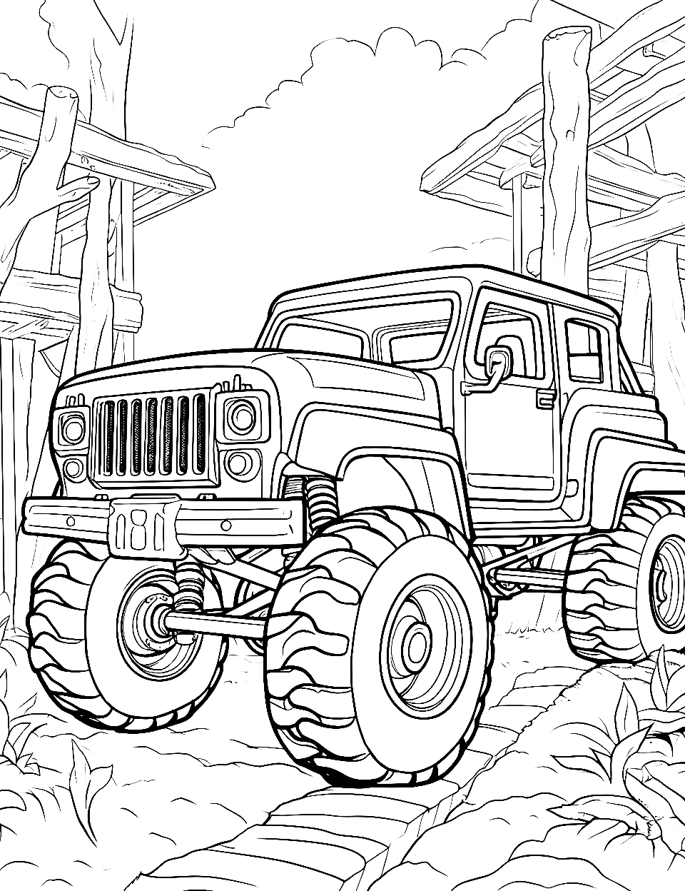 Park Cruise Monster Truck Coloring Page - A monster truck navigating through a park.