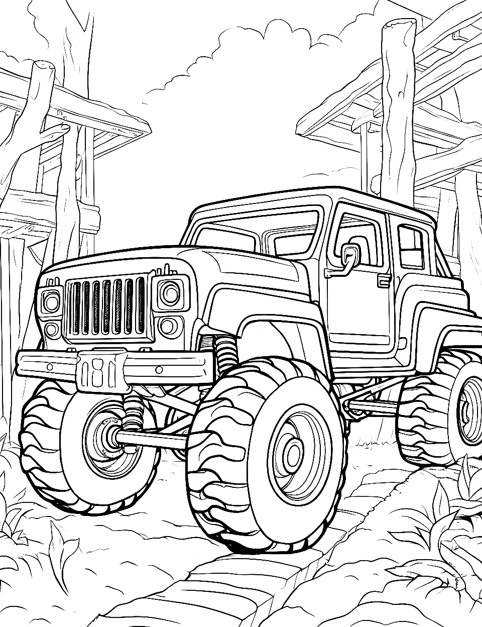 Park Cruise Coloring Page - A monster truck navigating through a park.