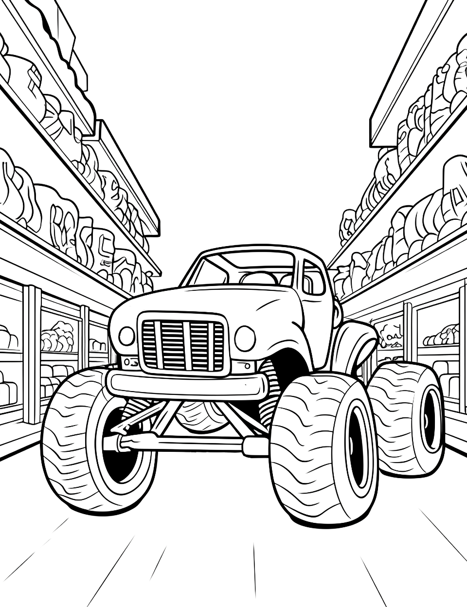 Toy Store Tango Monster Truck Coloring Page - A monster truck sitting between the aisles of a toy store.