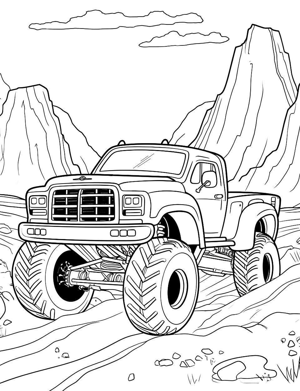 Old School Canyon Race Monster Truck Coloring Page - An old-school monster truck racing in a canyon.
