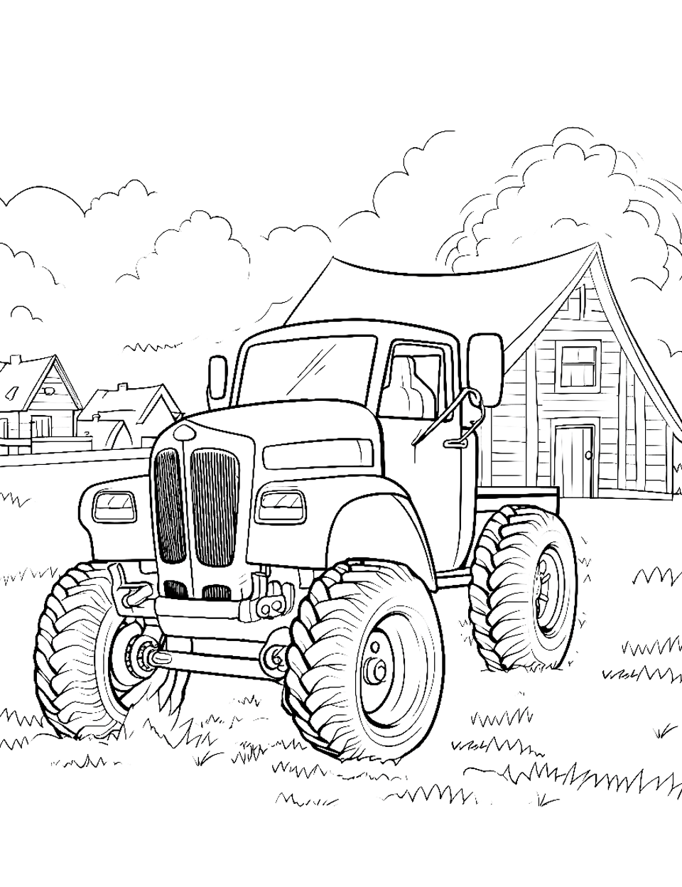 Farmyard Monster Truck Coloring Page - A farm-style monster truck is working on a farm.